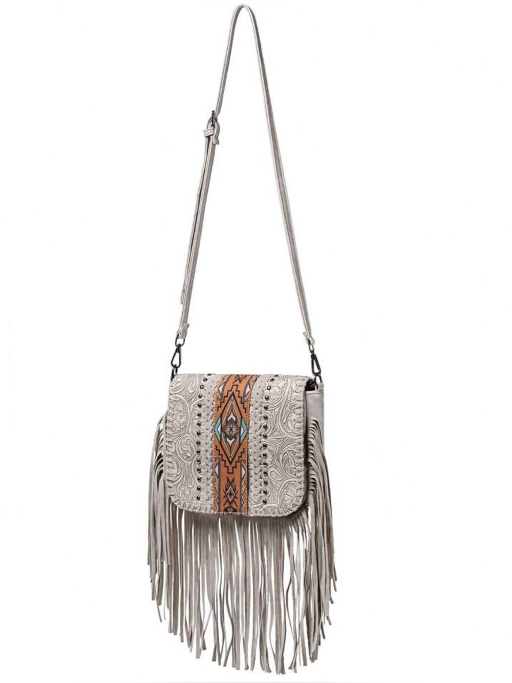 Fringed Embossed Crossbody Bag with Aztec Accents - White